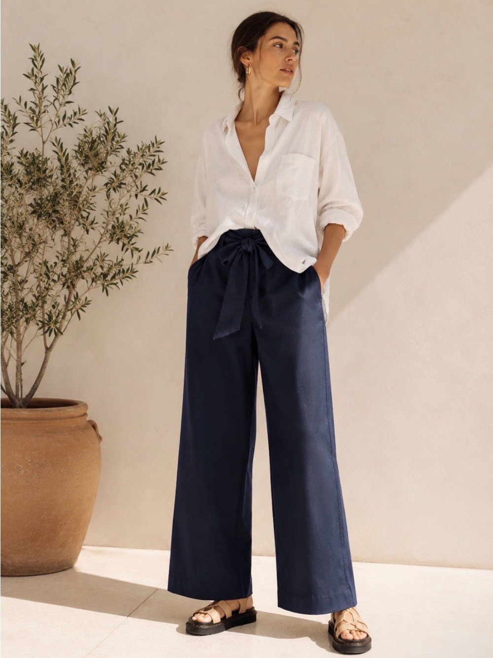 En Saison Marin Wide Leg Trousers Navy Cotton Belted Pants Large NWT Summer